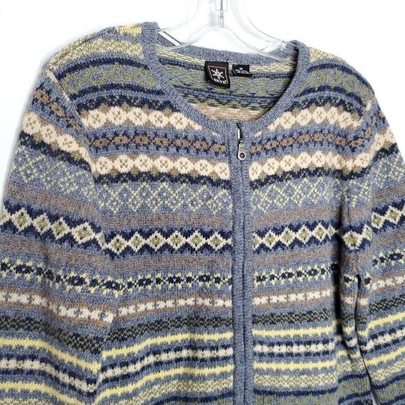 Skyr Wool Cardigan Sweater M Blue Green Fair Isle Geometric Stripe Full Zip - Picture 3 of 5